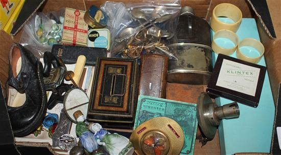 Shoe box with items, tea caddy, opera glasses etc